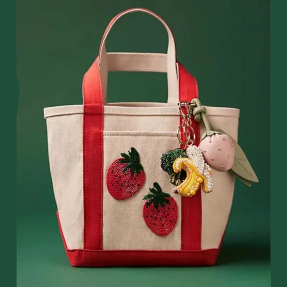 Anthropologie Beaded Canvas Tote in Strawberry - BRAND NEW